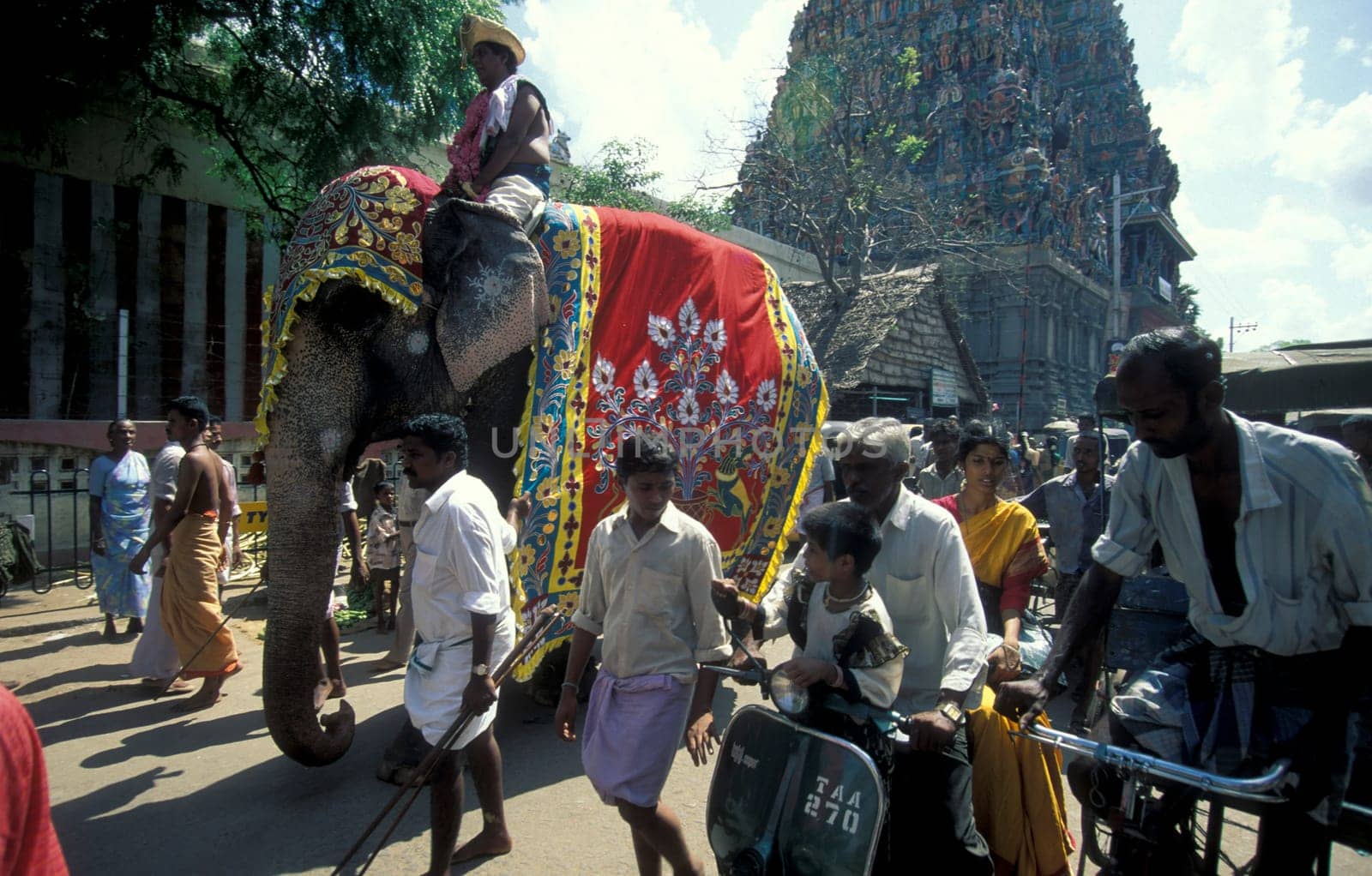 a Hindu Elephant ceremony at the Meenakshi Amman Temple in the city of Madurai in the Province Tamil Nadu in India.  India, Madurai, April, 1998