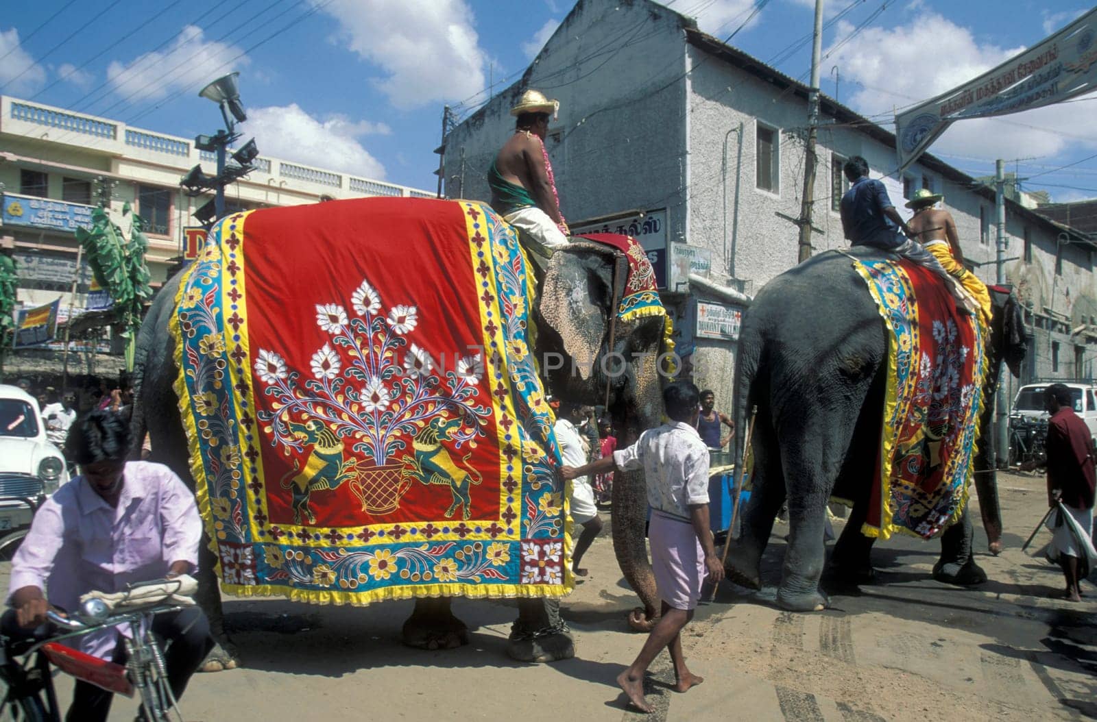 a Hindu Elephant ceremony in the Meenakshi Amman Temple in the city of Madurai in the Province Tamil Nadu in India.  India, Madurai, April, 1998