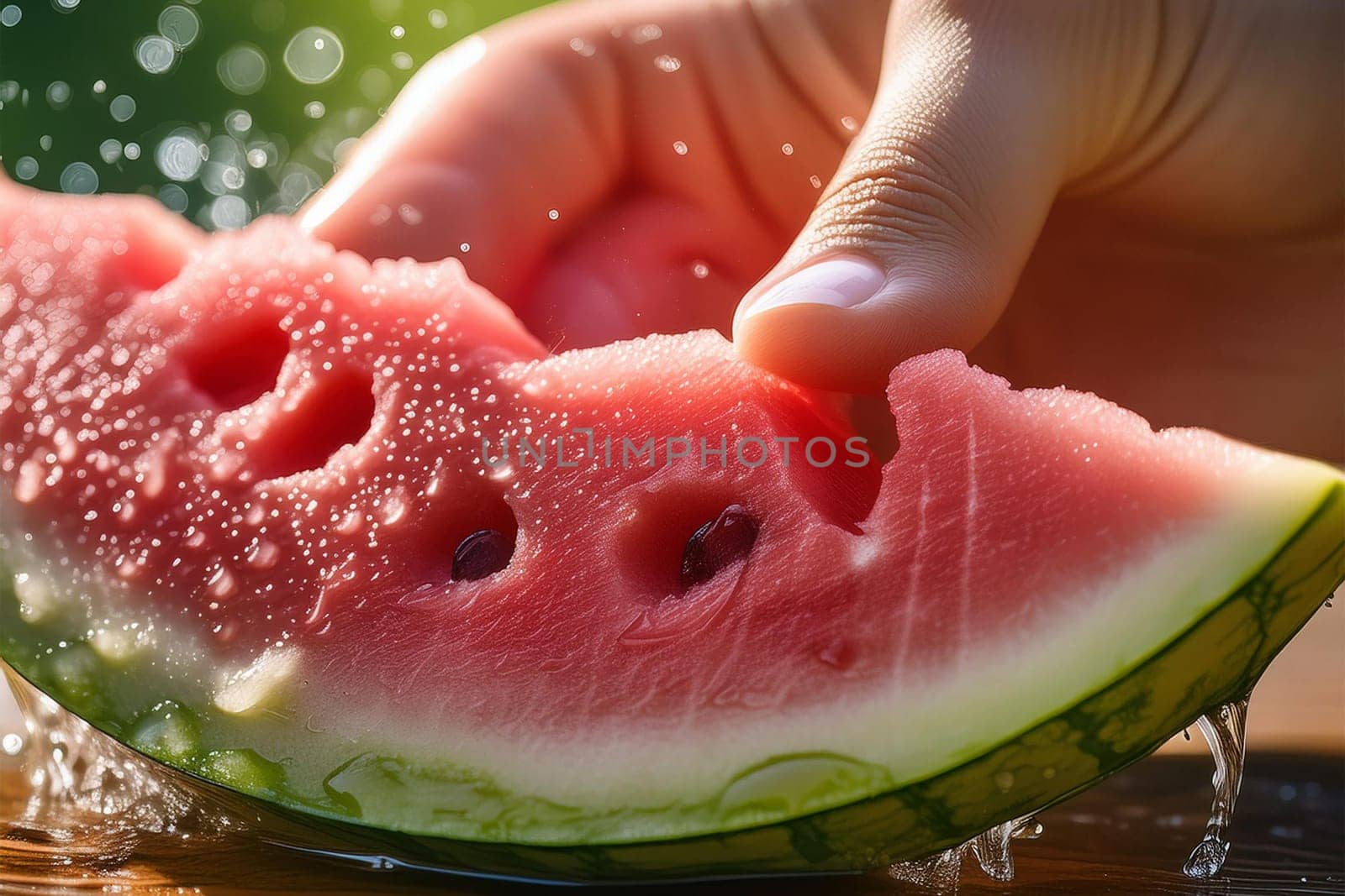 Hand holding a slice of fresh watermelon, close-up. Summer juicy fruits.