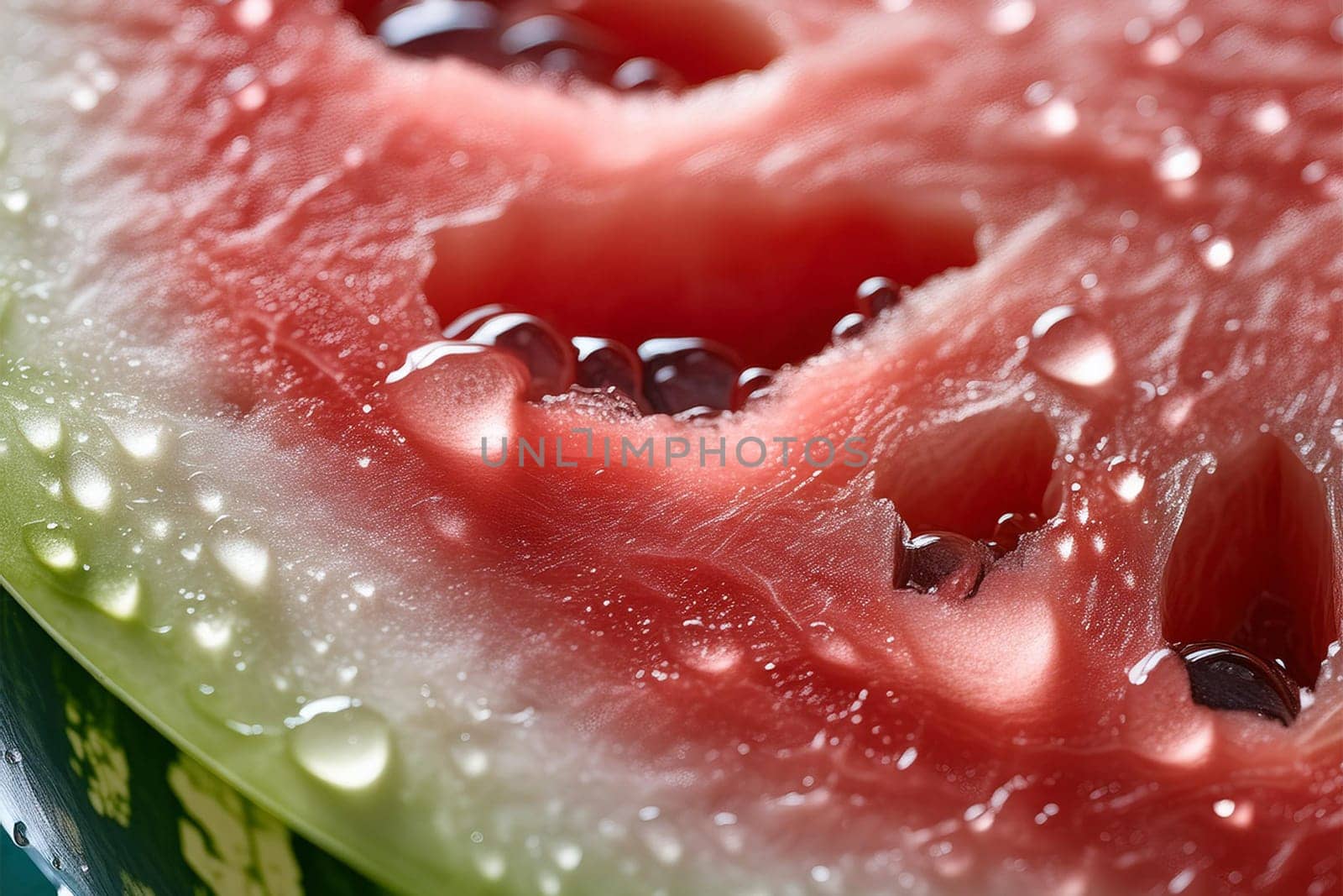 Close-up shot of a refreshing watermelon slice being bitten into, with water droplets glistening on the fruit.