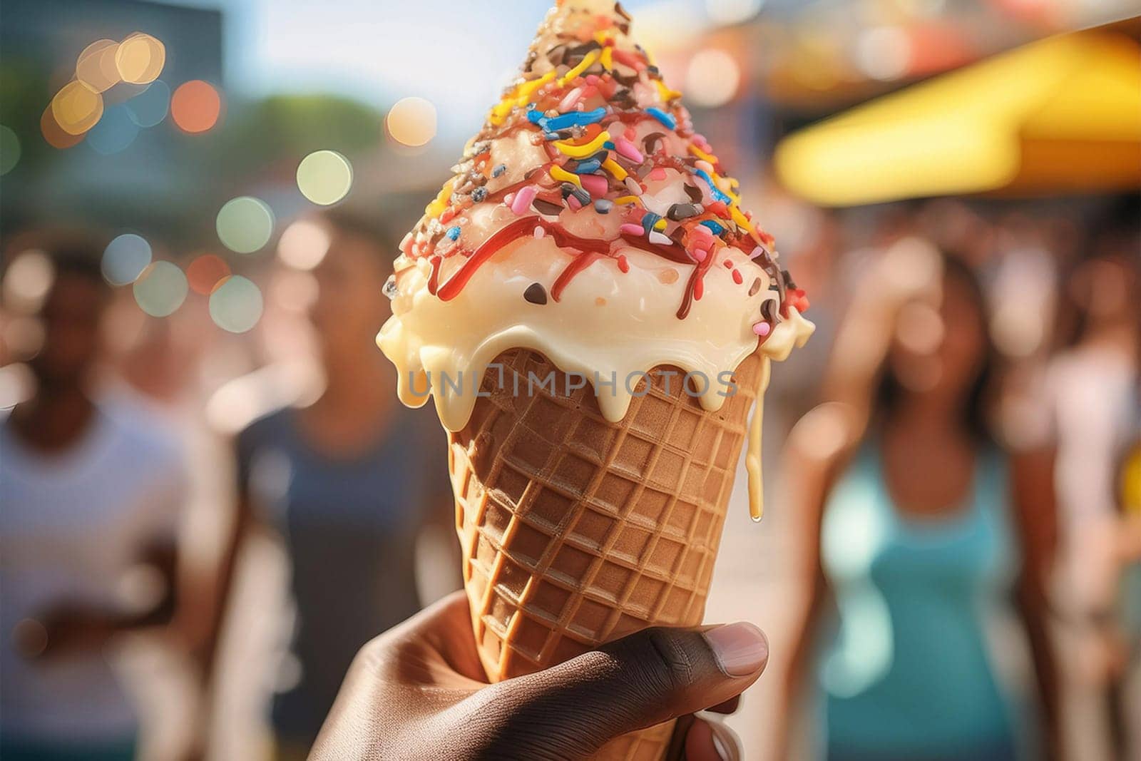 Close-up of a melting ice cream cone with vibrant sprinkles and a blurred background of people enjoying outdoor activities.