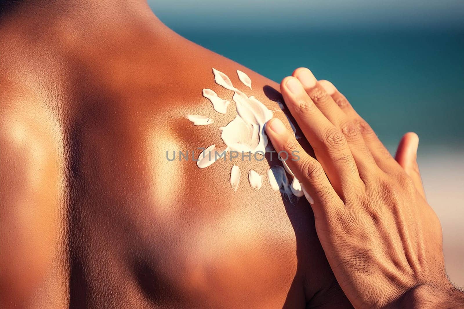 Hand of man applying sunscreen on man's back on beach.