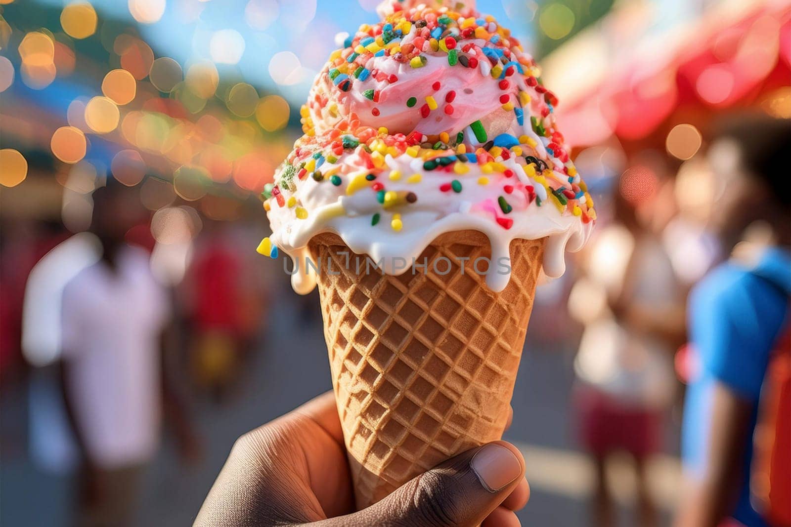 Close-up of a melting ice cream cone with vibrant sprinkles and a blurred background of people enjoying outdoor activities.