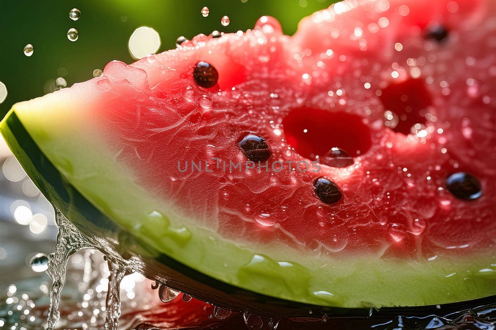 Close-up shot of a refreshing watermelon slice being bitten into, with water droplets glistening on the fruit.