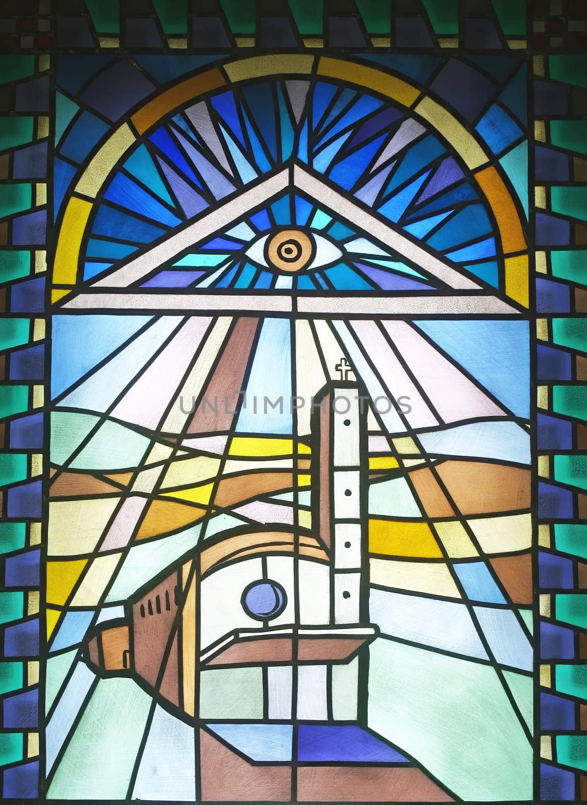 Stained glass window in the parish church of the Exaltation of the Holy Cross in Kerestinec, Croatia
