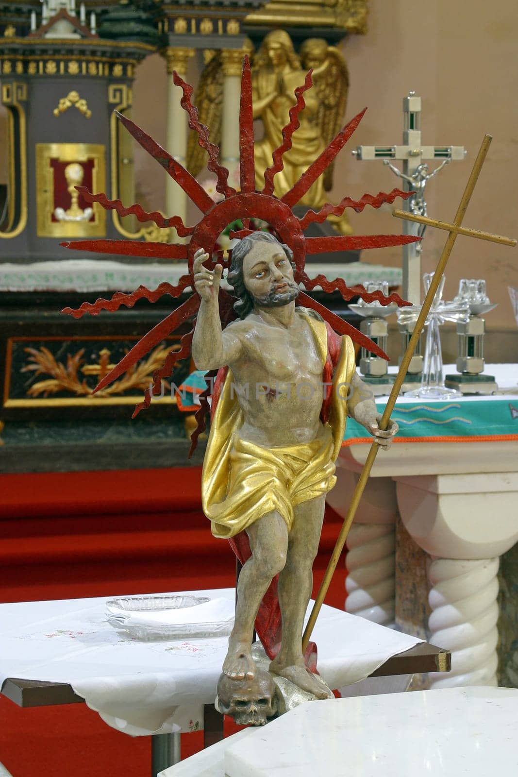 The Risen Christ, a statue on the main altar in the parish church Assumption of the Virgin Mary in Pregrada, Croatia