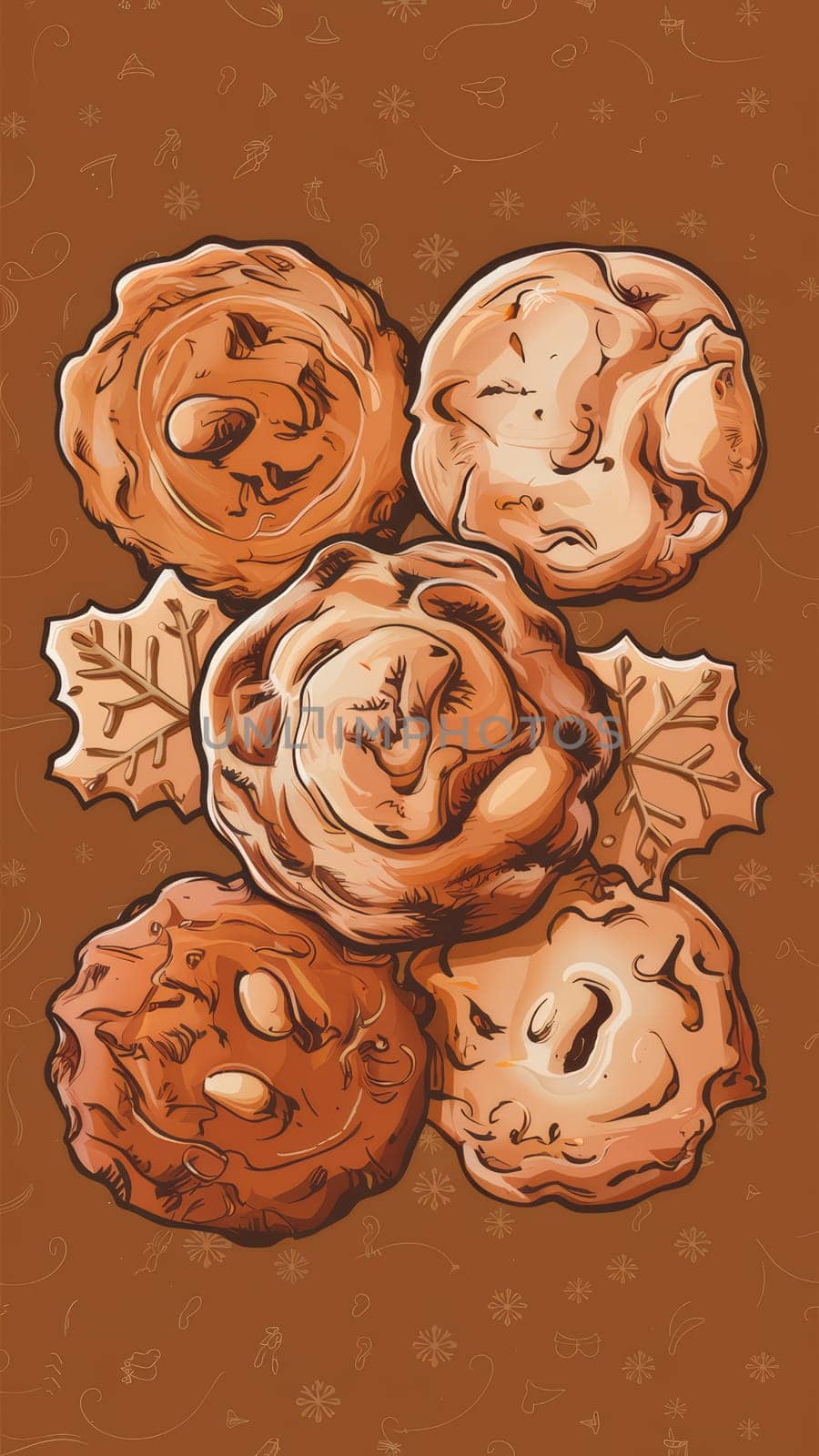 Illustration of five baked goods with autumnal colors, accompanied by leaf motifs, set against a brown background with subtle decorative patterns.