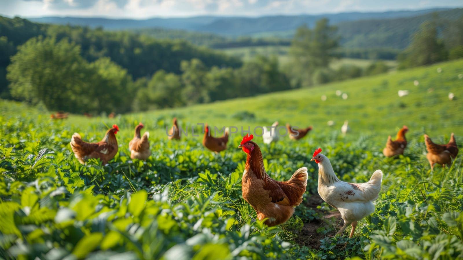 On a lush green field, chickens walk and peck freely.chicken farm
