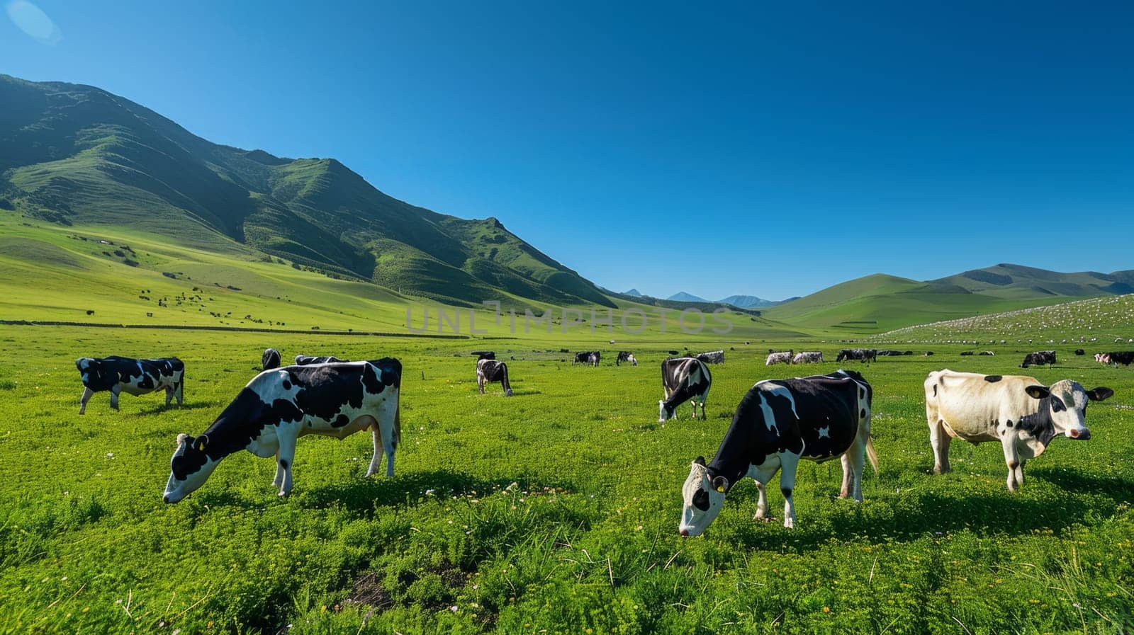 cows grazing on a green pasture under a clear blue sky.