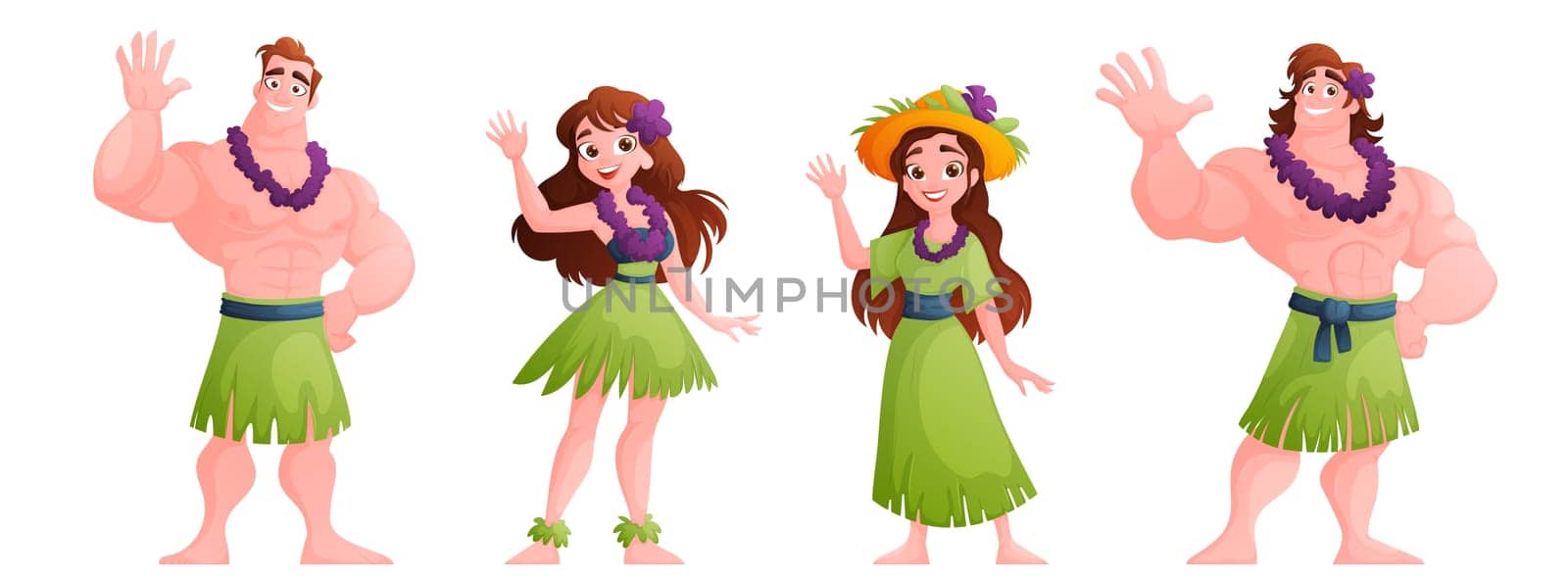 Hawaiian Characters in Traditional Attire Waving