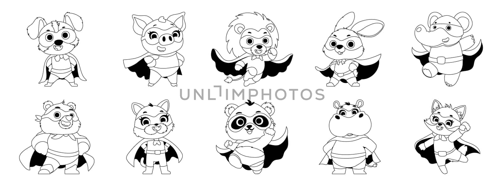 Black and white coloring page featuring adorable animal superheroes wearing capes and masks, perfect for kids' activities. Cute Animal Superheroes Coloring Page