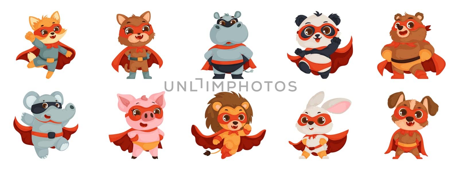 Adorable Superhero Animal Characters. Set of cute superhero animal characters in colorful costumes, perfect for kids' illustrations or animated projects.