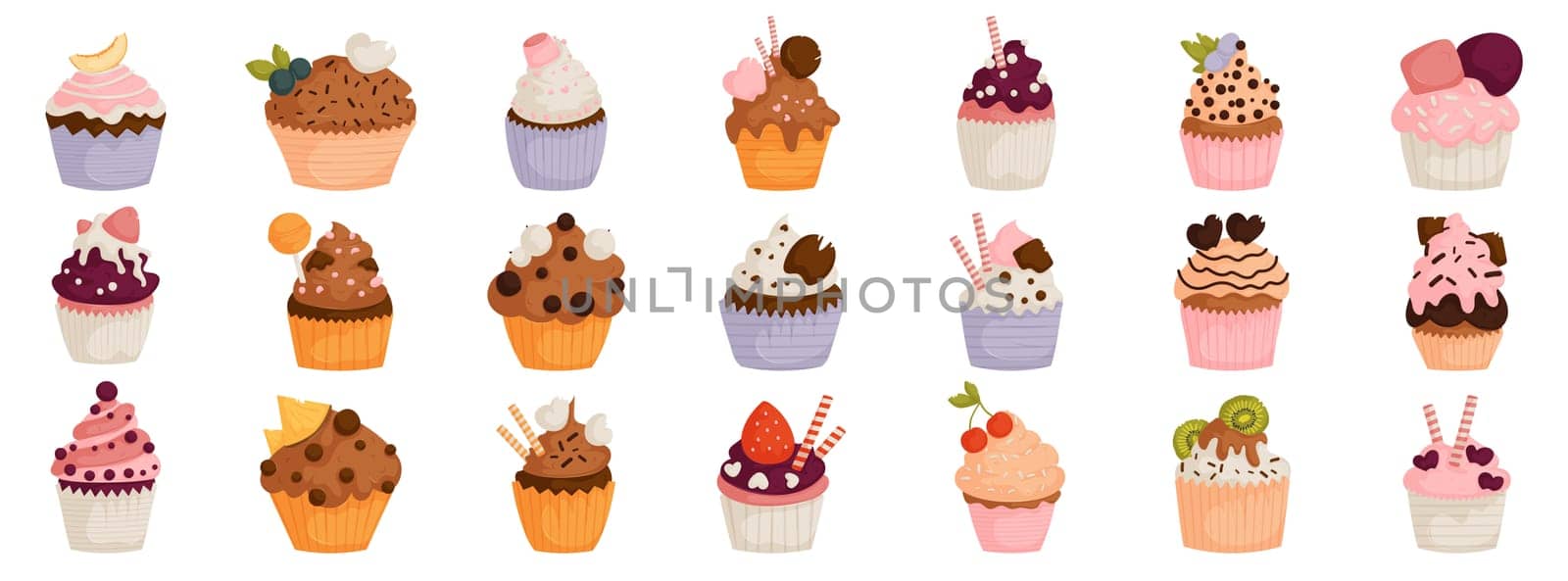 Collection of assorted cupcakes with colorful toppings, ideal for dessert menus, bakeries, and food illustrations. Assorted Decorative Cupcakes with Colorful Toppings