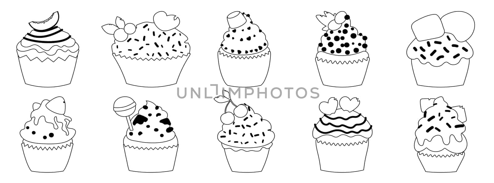 Black and white coloring page featuring various cupcakes with different toppings, perfect for children's creative activities. Cupcake Coloring Page with Toppings
