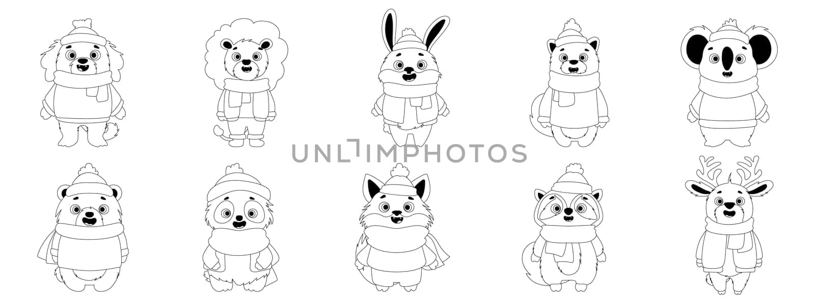 Black and white coloring page of cute animals in winter clothing, featuring scarves and hats, ideal for children's activities. Adorable Winter Animal Coloring Page