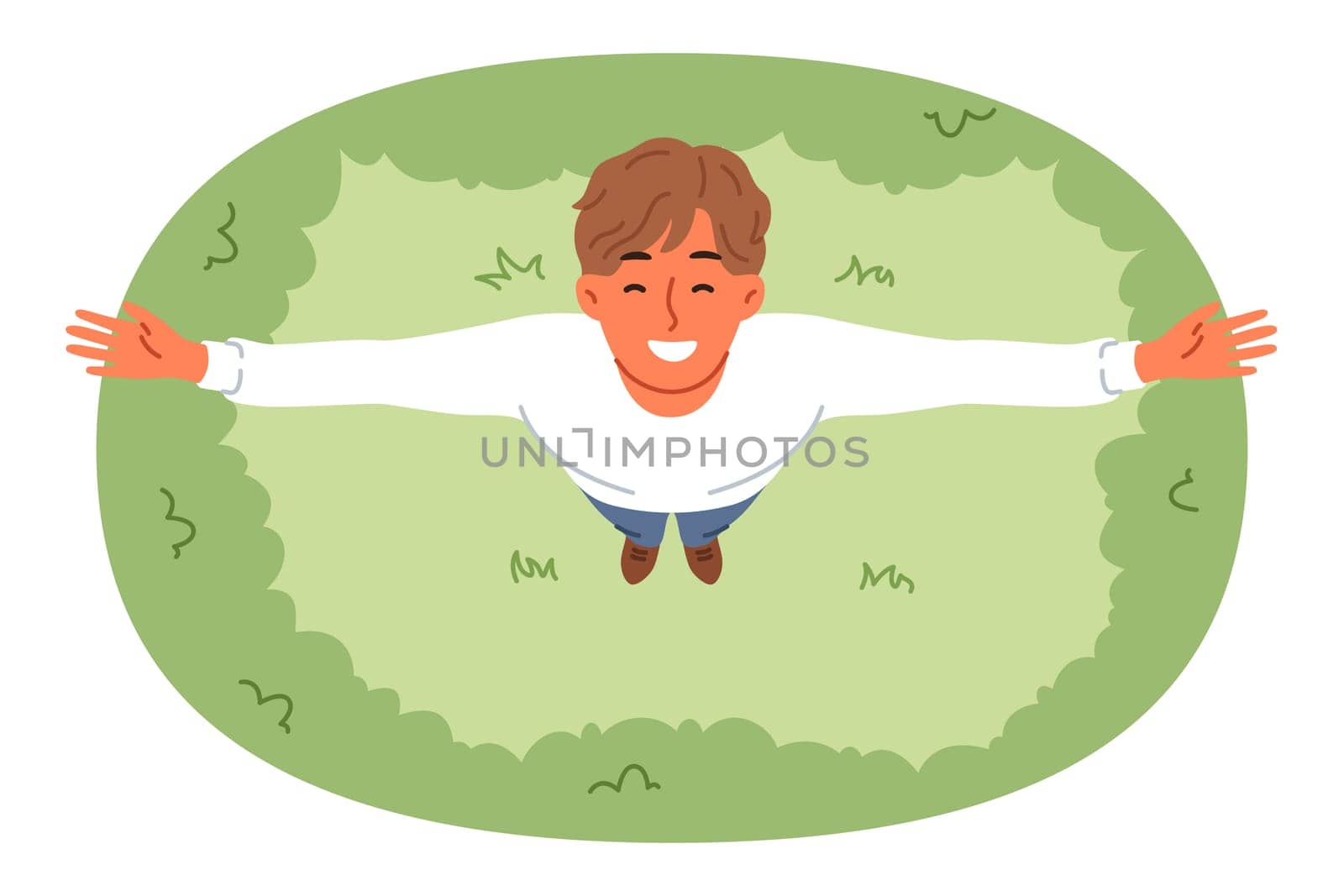 Happy man stands on lawn and looks up enjoying rays of sun and fresh air on summer day. Guy smiles and puts hands to side, feeling freedom and surge of positive emotions due to summer holidays