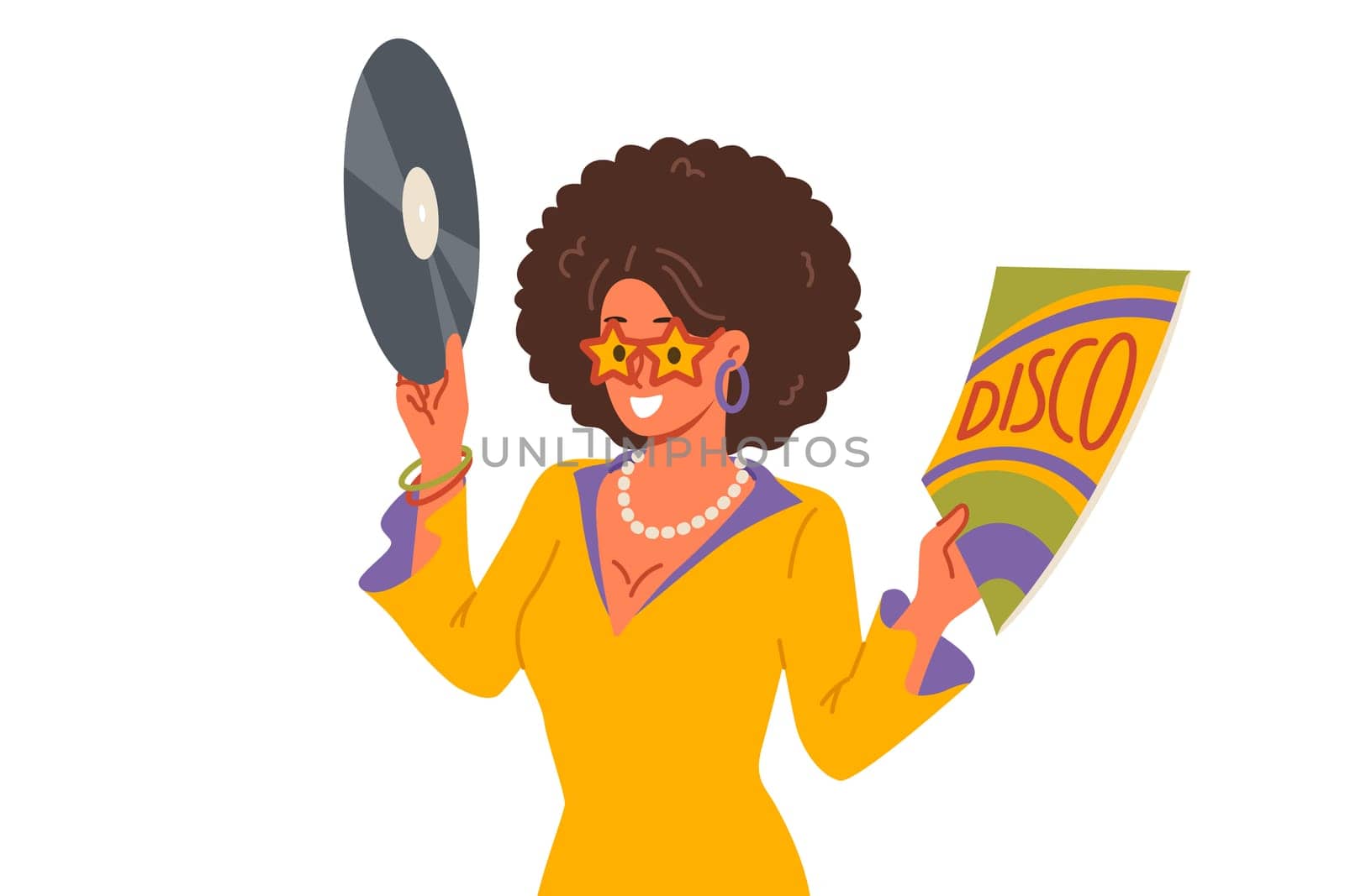 Disco woman holds vinyl record and invites you to retro holiday party with opportunity to dance and have fun. Girl in disco outfit enjoys listening to songs from authors from last century