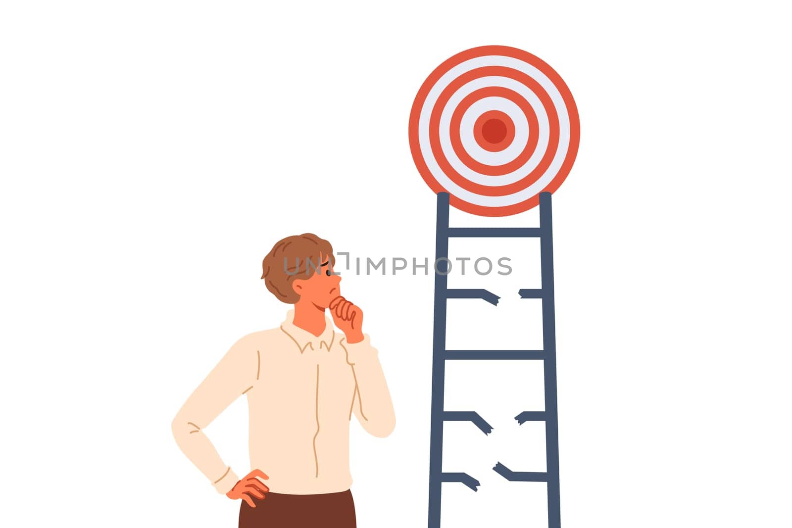 Problem on way to achieving goal for business man, thoughtfully examining broken ladder with target. Manager learns about difficulty on path to goal and scratches chin while thinking about plan