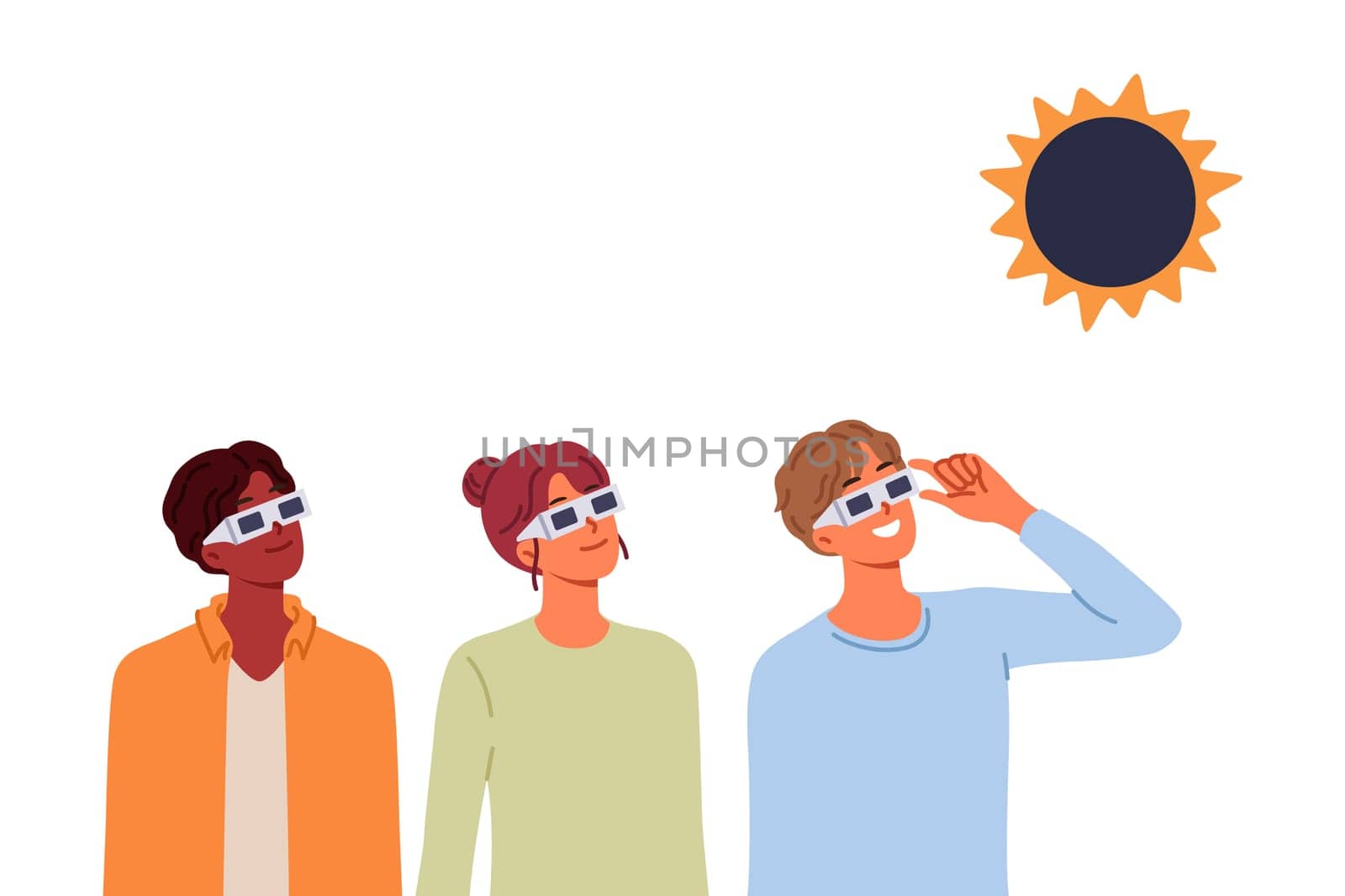 People view solar eclipse using disposable glasses to observe rare astronomical phenomenon. Happy children laugh and rush to school to be on time for start of lessons on first of september