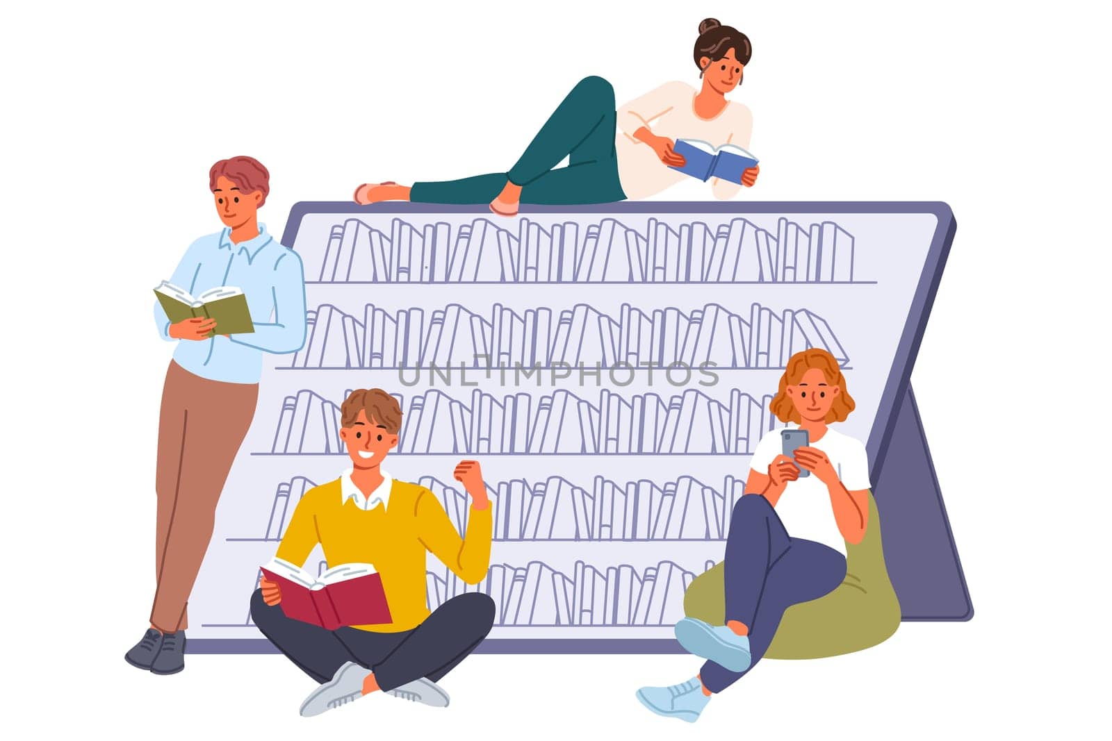 Students visiting electronic library read books using mobile gadgets and apps with digital literature. Guys and girls with books gain knowledge or prepare for exam using textbooks or encyclopedias