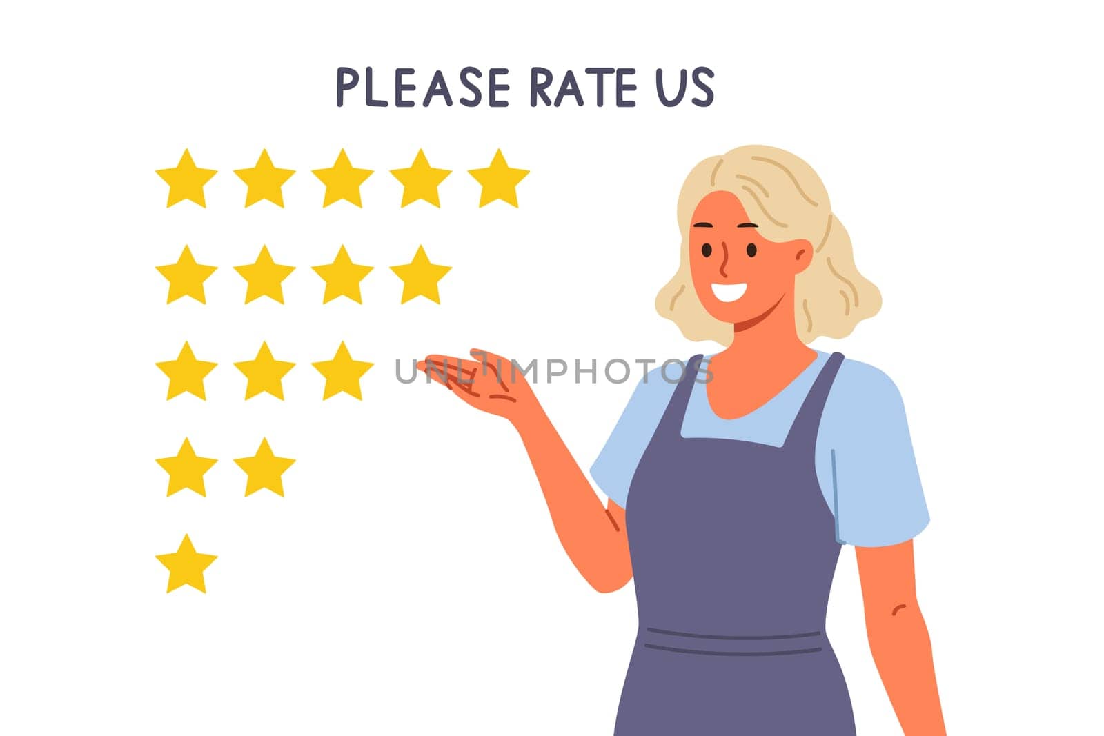 Stars for rating and feedback for cafe visitors, near woman waitress recommending participation in quality assessment. Girl asks rate from one to five to improve rating and receive feedback