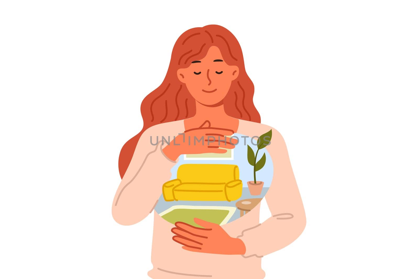 Homesick for woman who feels happiness and melancholy after relocation or during business trip. Girl keeps memories of beloved home in soul and experiences homesick desire to return
