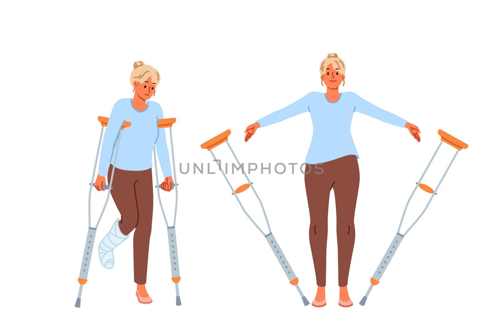 Disabled woman with broken leg throws away crutches after rehabilitation and treatment procedures in clinic. Girl received rehabilitation to restore health of ankle after accident.