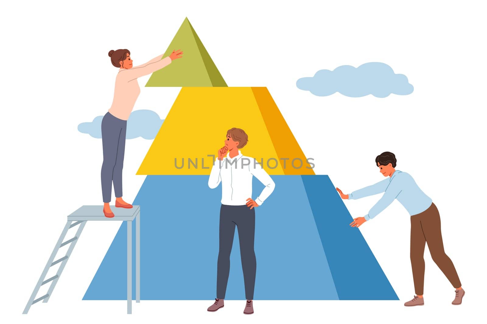 Teamwork of business people to build sustainable corporation capable of withstanding during crisis. Business concept of friendly jobs of men and women developing promising project together