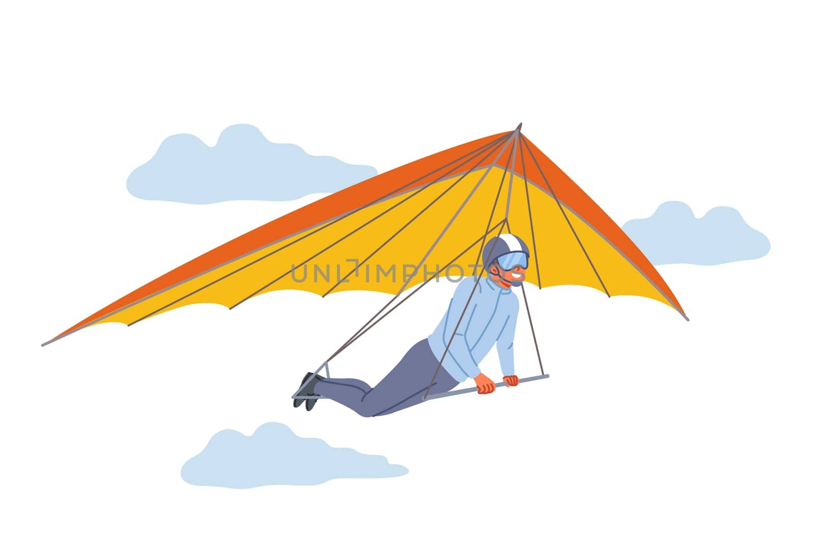 Business man flies on hang glider in search of new opportunities for developing company and increasing sales profits. Guy uses hang glider enjoying opportunity to look at earth from bird eye view