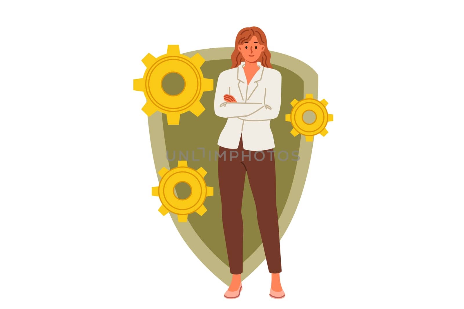 Woman cyber security engineer recommends antivirus for data protection, stands near shield and gears. System administrator reminds you of importance of cyber security and restricting access to data