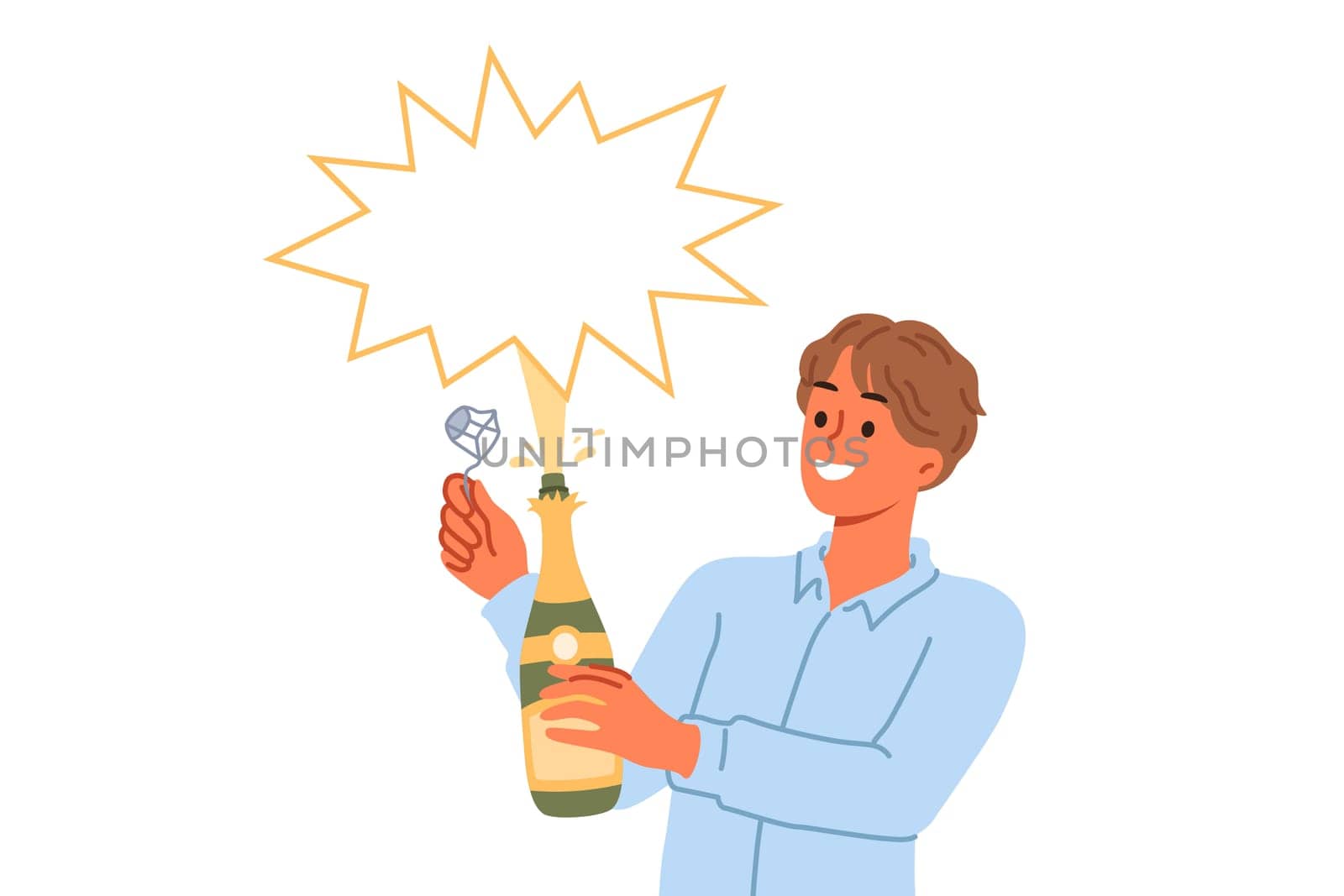 Man opens champagne and sees splash of alcoholic drink during festive christmas party. Bottle of champagne or sparkling wine in hands of waiter or bartender looking at copy space with smile