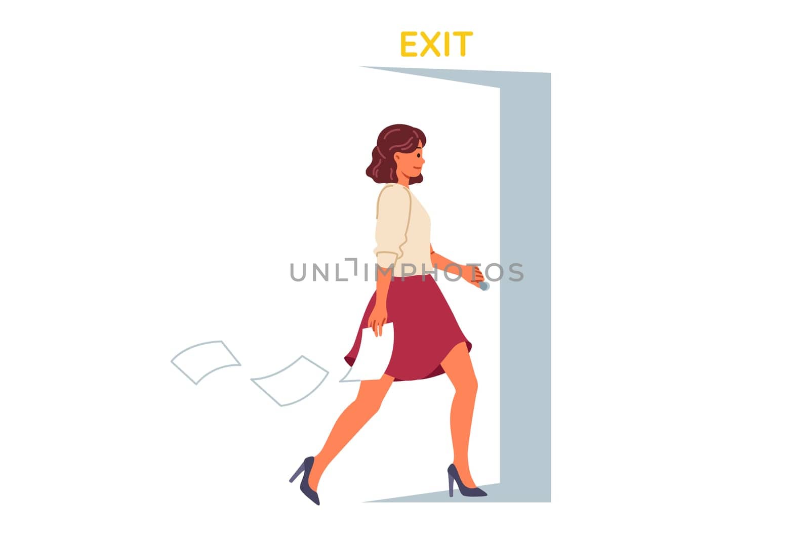Resigned businesswoman walks out open door, refusing to work under unfavorable conditions. Resigned lady drops job contract when leaving office, wanting to create own successful startup