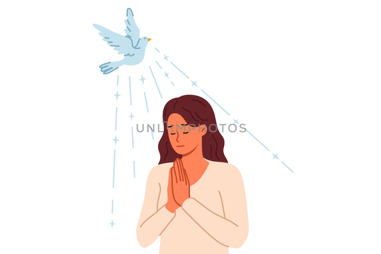 Woman reads prayer with palms folded in front of chest, standing near flying dove and shining sun. Girl stood in position for prayer from christian religion, and asks jesus for forgiveness or help