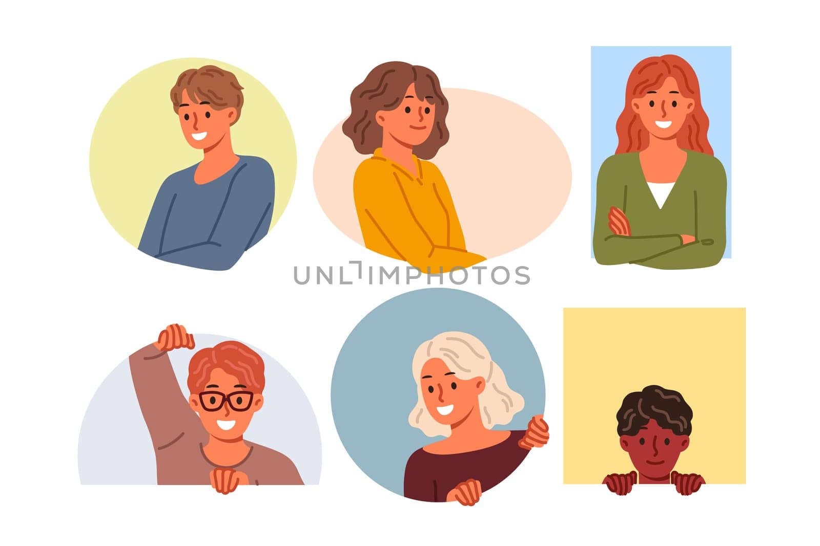 Happy people smile looking out from multi-colored geometric shapes, radiating positive mood and joyful emotions. Cheerful people of different races and ages look at screen with curiosity