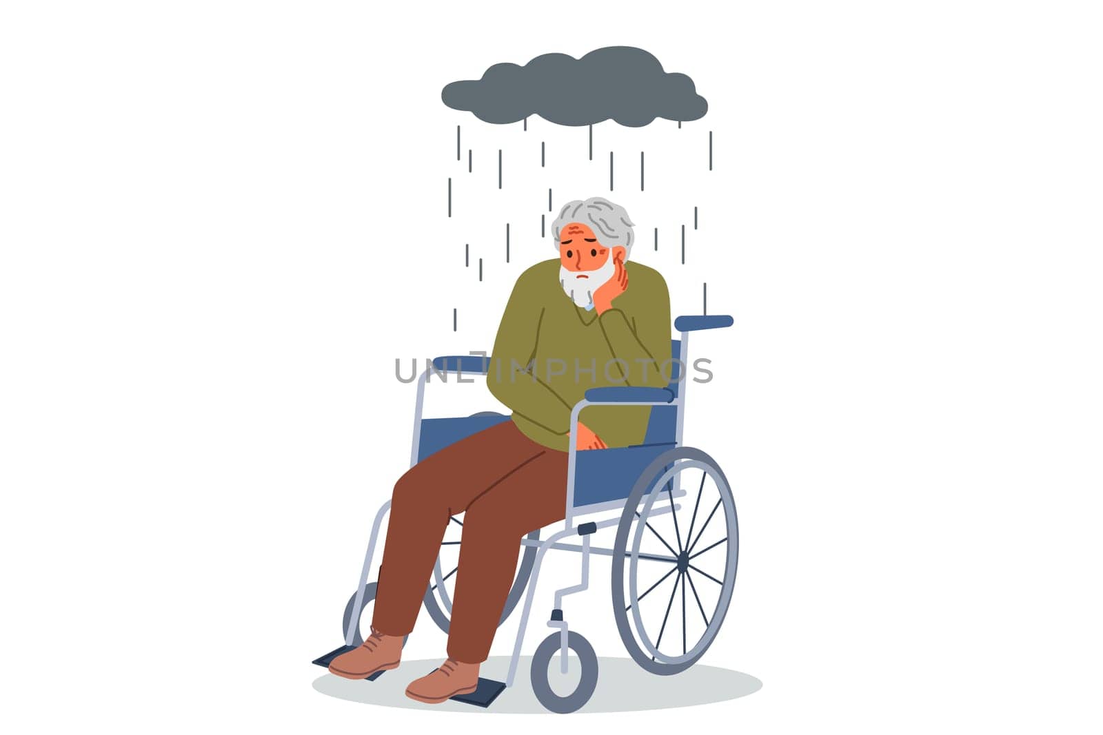 Elderly man in wheelchair suffers from loneliness and lack of access to walks, sitting under rain cloud. Human in wheelchair needs psychological support and treatment after developing leg problems