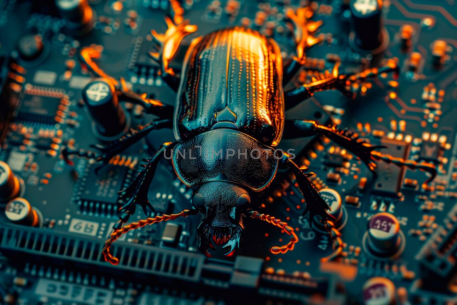 A stag beetle sitting on computer motherboard, computer hardware attack concept, computer virus concept. AI generated