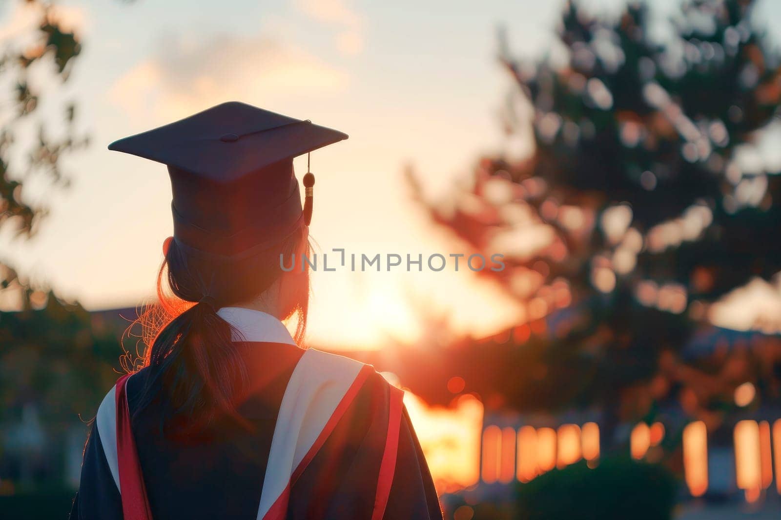 Back view closeup of student, wearing a graduation cap and gown during college or university ceremony. AI generated