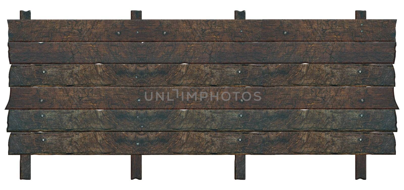 Fence made of brown old wooden planks on isolated background