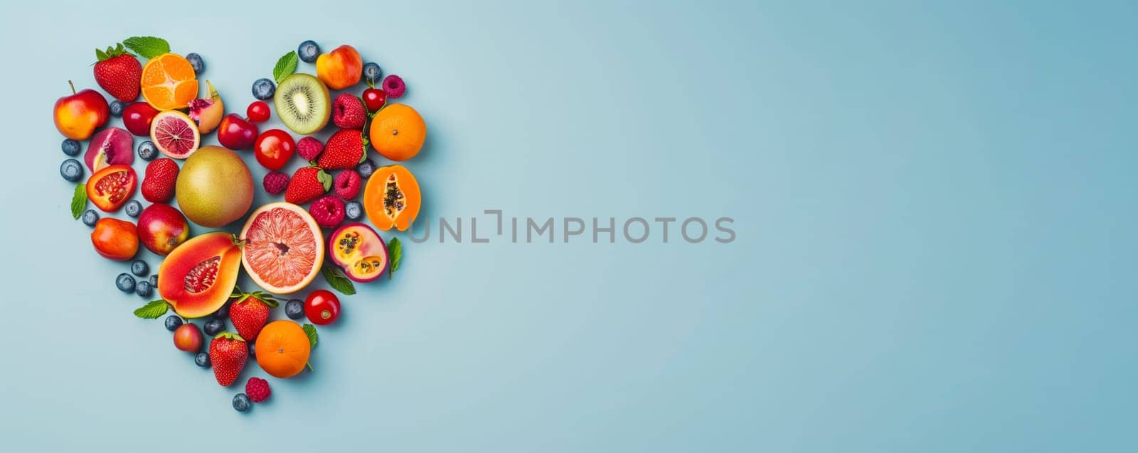 Heart made from fruits like strawberry, orange, raspberry, blueberry and papaya, healthy food and lifestyle, vegan nourishment