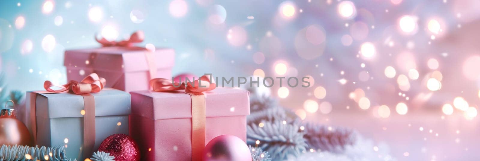 Christmas holiday gift box for suprise, fir branch and baubles, bokeh fairy light, winter season