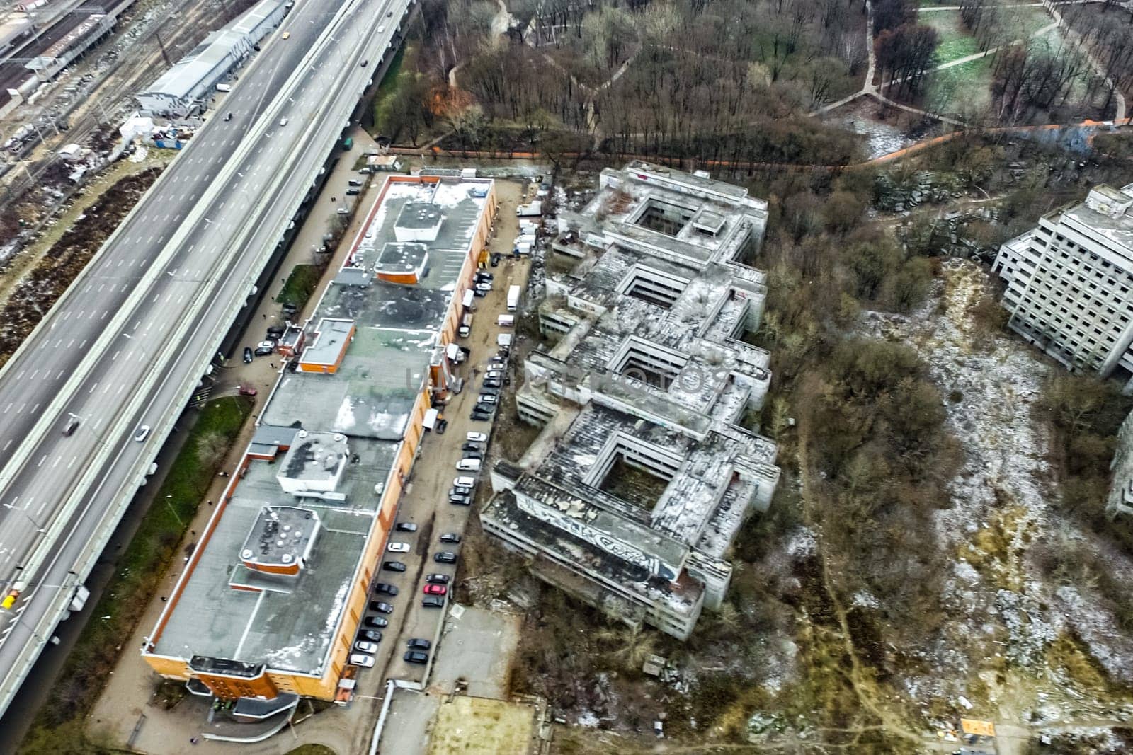 Top view of the city of Moscow, buildings and roads and other infrastructure of the city. Cityscape view from above.