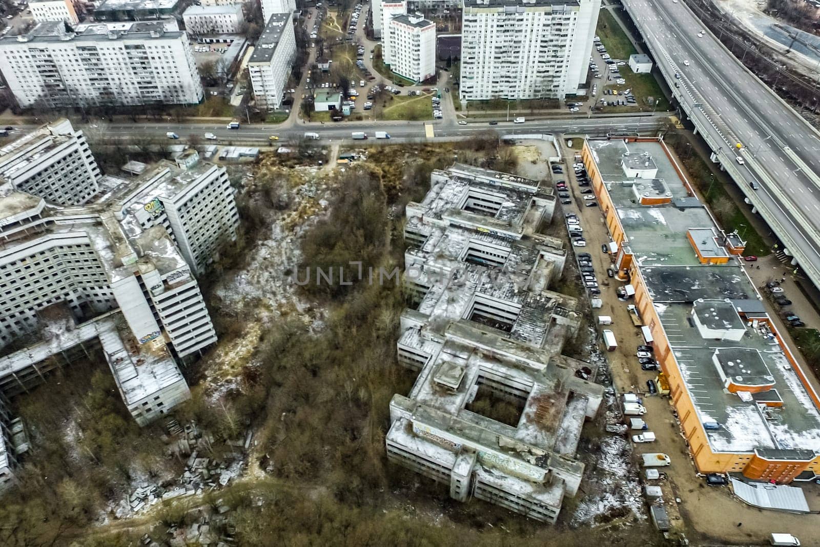 Top view of the city of Moscow, buildings and roads and other infrastructure of the city. Cityscape view from above.