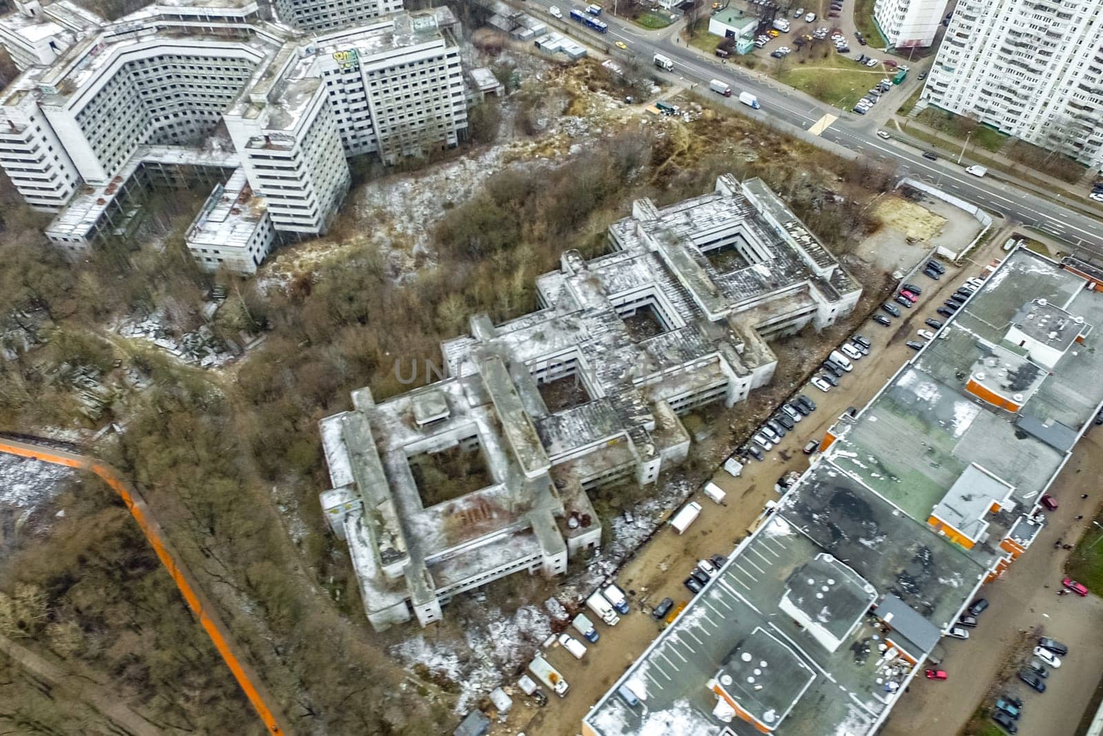 Top view of the city of Moscow, buildings and roads and other infrastructure of the city. Cityscape view from above.