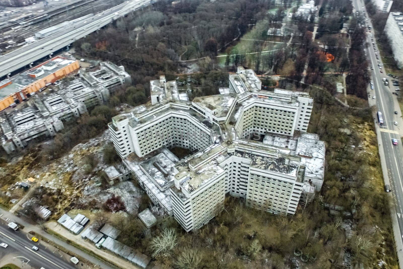 Top view of the city of Moscow, buildings and roads and other infrastructure of the city. Cityscape view from above.