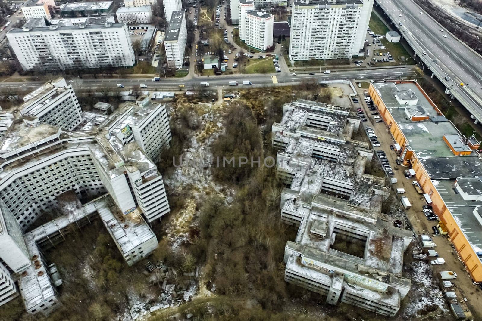 Top view of the city of Moscow, buildings and roads and other infrastructure of the city. Cityscape view from above.