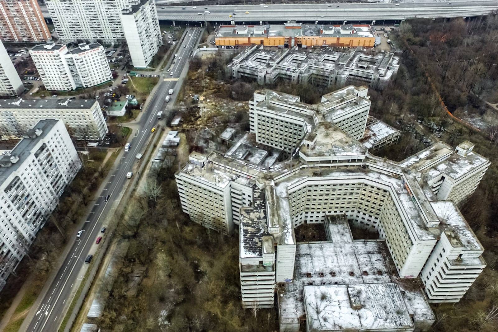 Top view of the city of Moscow, buildings and roads and other infrastructure of the city. Cityscape view from above.