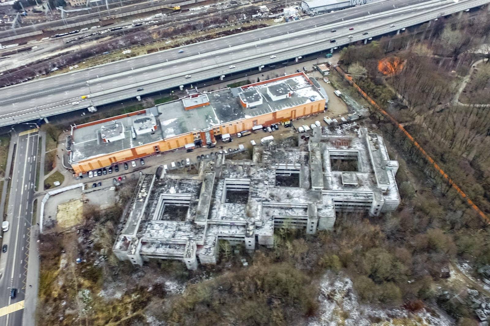 Top view of the city of Moscow, buildings and roads and other infrastructure of the city. Cityscape view from above.