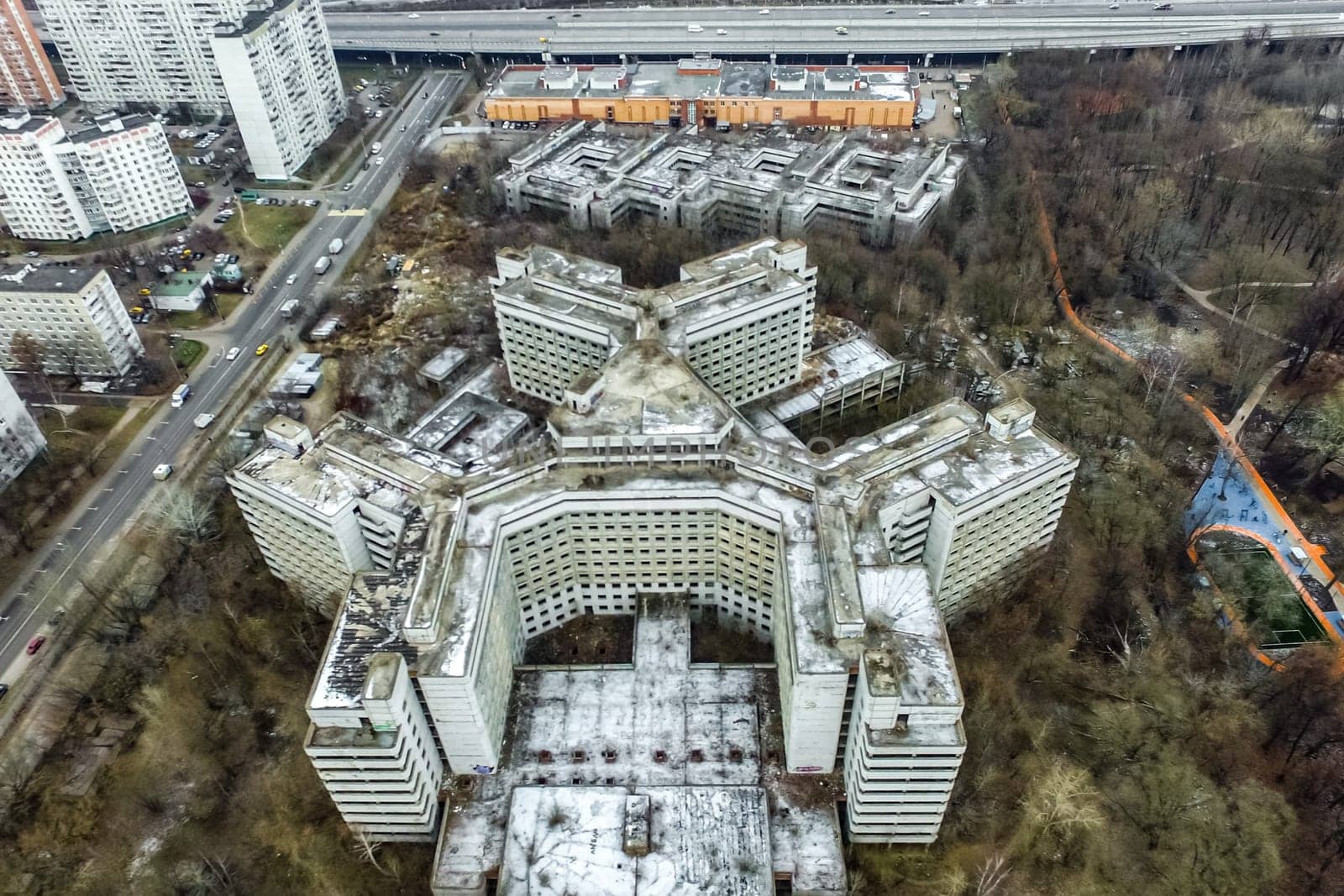 Top view of the city of Moscow, buildings and roads and other infrastructure of the city. Cityscape view from above.