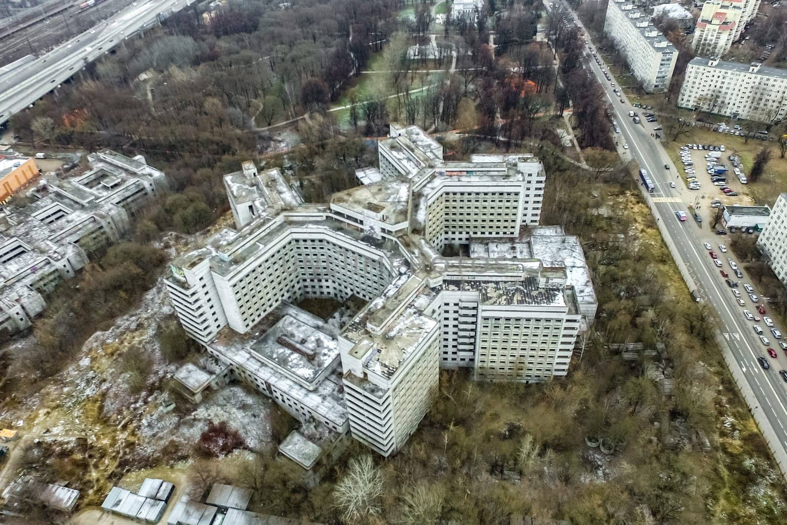 Top view of the city of Moscow, buildings and roads and other infrastructure of the city. Cityscape view from above.