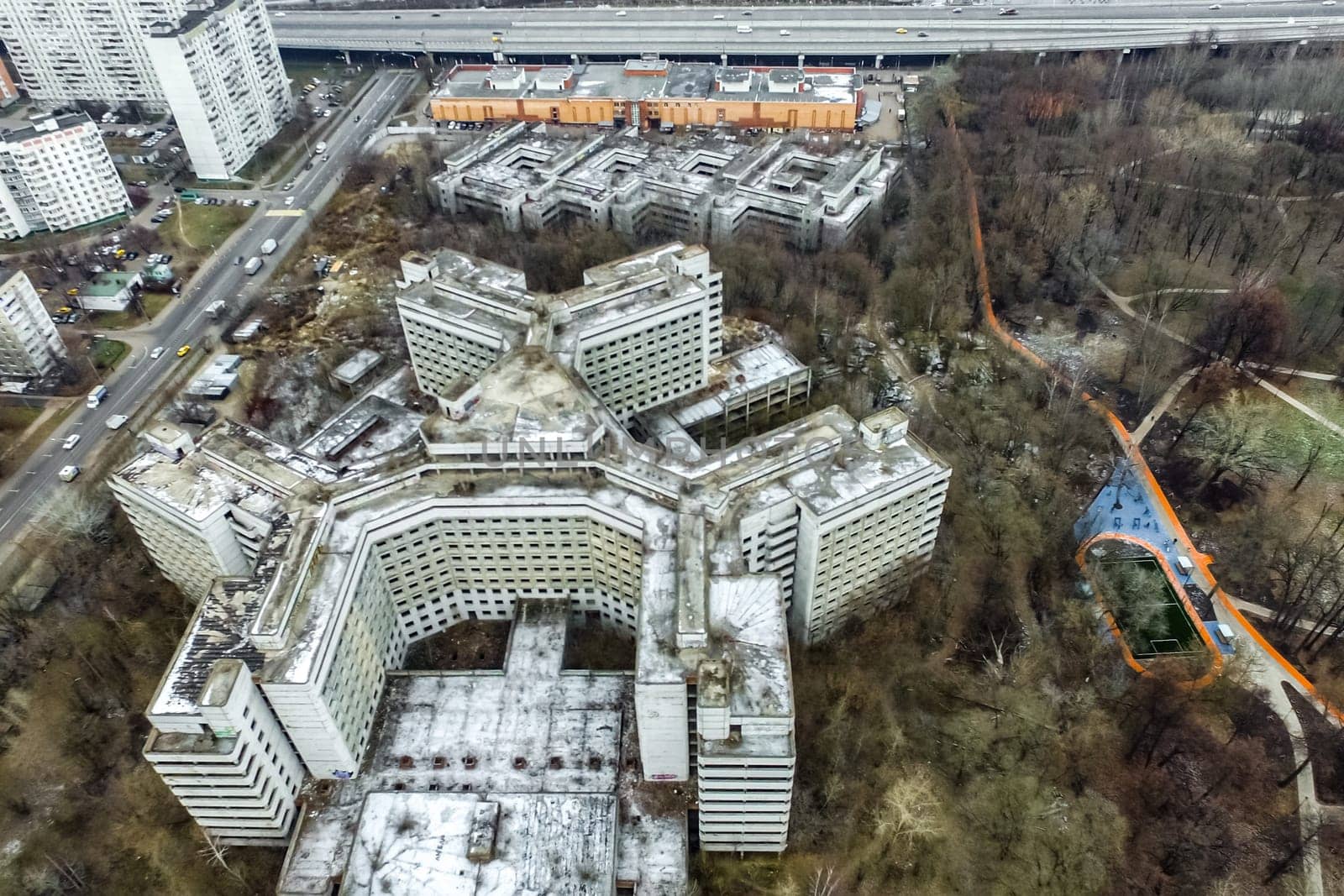 Top view of the city of Moscow, buildings and roads and other infrastructure of the city. Cityscape view from above.